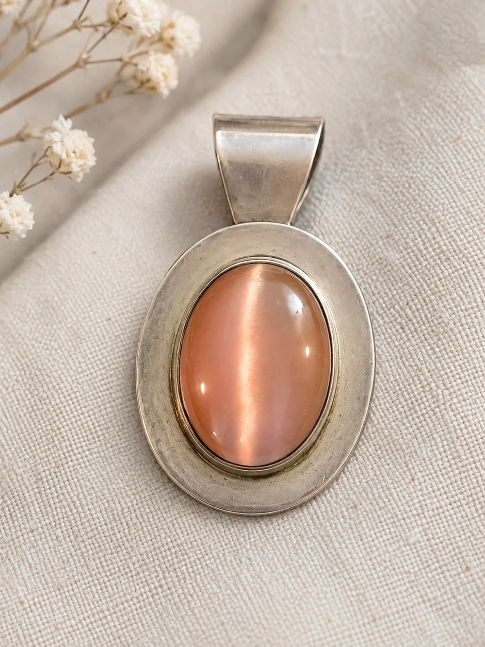 Vintage Mexico 925 Silver Peach Cat’s Eye Pendant Large Oval Cabochon